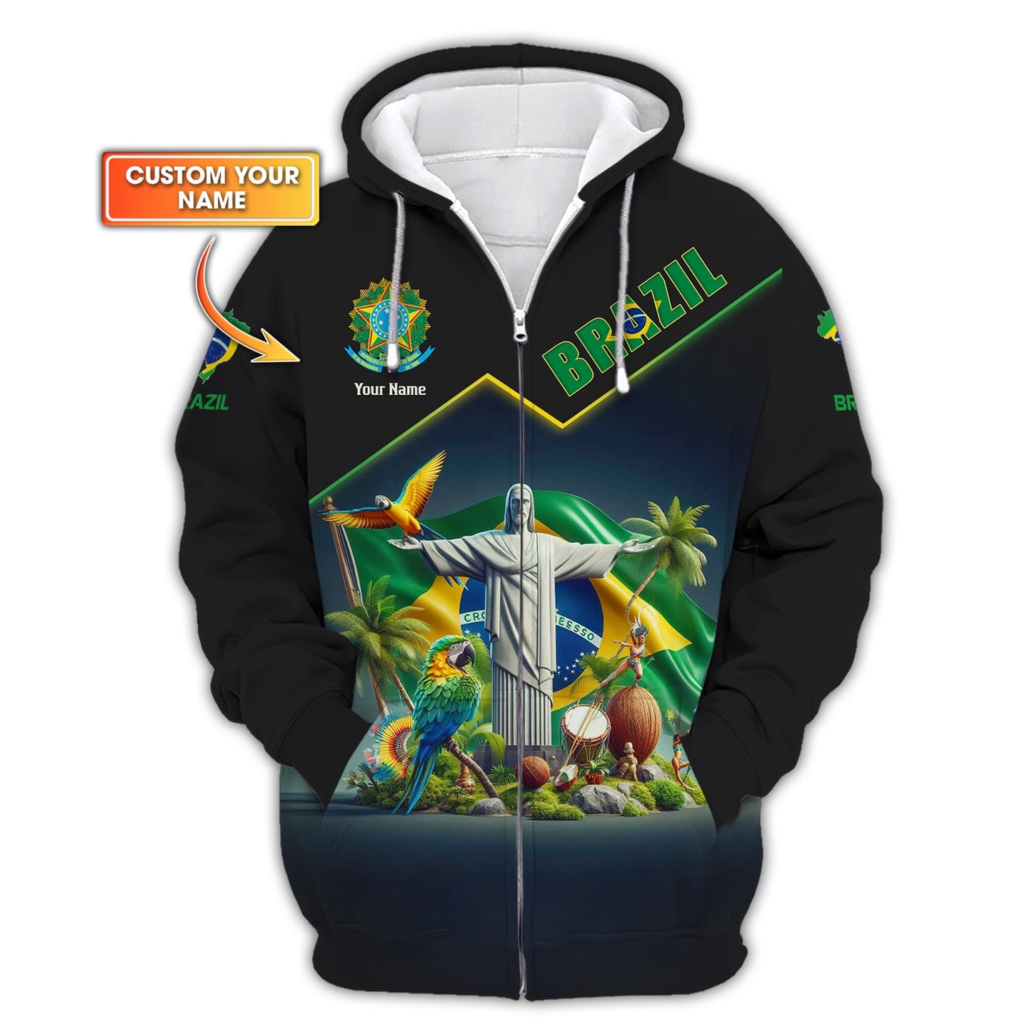 Brazil Personalized Name 3D Brasil Zipper Hoodie Custom Gift For Brazil Lovers