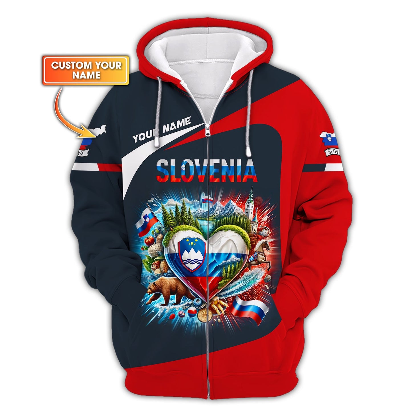 Sudadera con capucha y cremallera con corazón de Eslovenia y nombre personalizado Camiseta de Eslovenia Camiseta unisex de Eslovenia