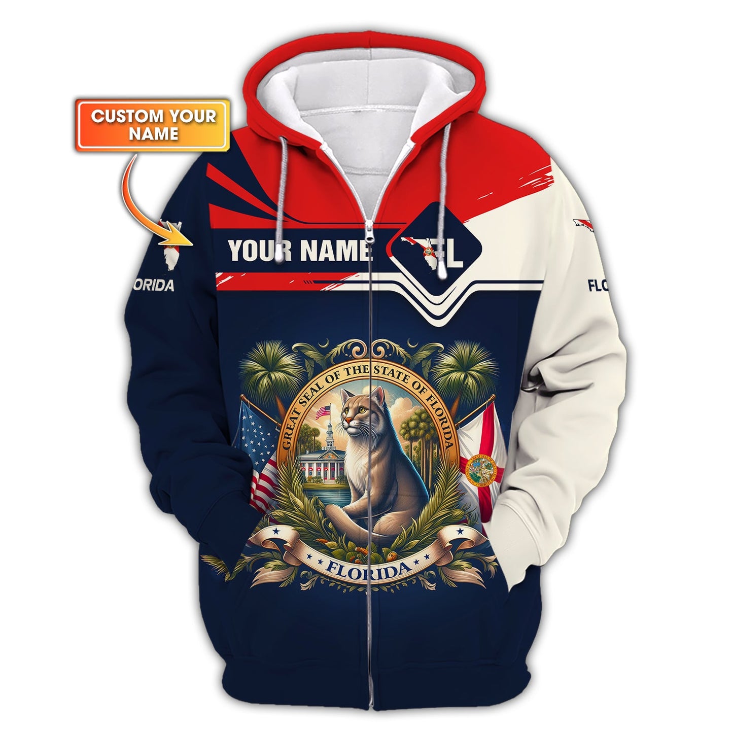 Sudadera con capucha y cremallera personalizada con el escudo de armas de Florida, gif para amantes de Florida, camiseta 3D