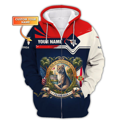 Sudadera con capucha y cremallera personalizada con el escudo de armas de Florida, gif para amantes de Florida, camiseta 3D