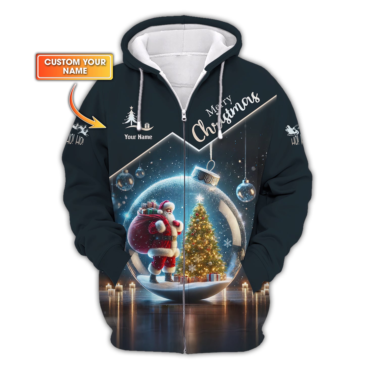 3D Full Print Santa Claus In Snow Globe Zipper Hoodie Personalized Name Gift For Christmas Day