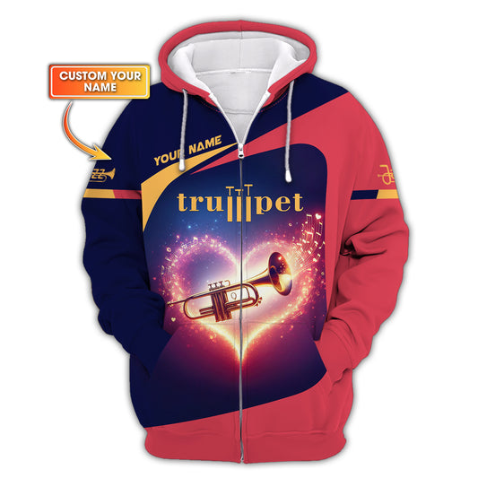 Sudadera con capucha y cremallera con estampado 3D completo de trompeta y corazón, regalo personalizado con nombre para amantes de la trompeta