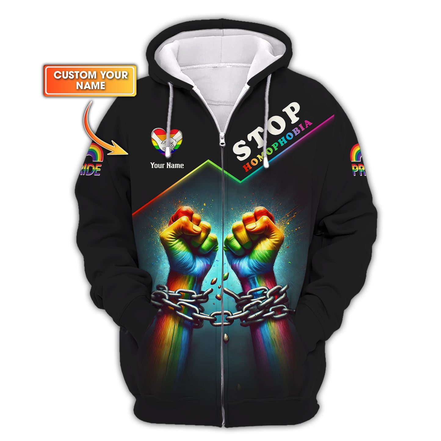 LGBT Pride Custom Name 3D Zipper Hoodie Stop Homophobia Shirt Gift For LGBT Lovers