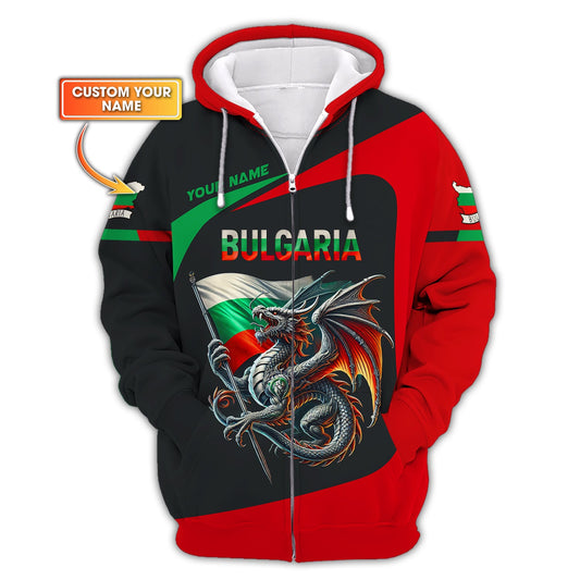 Dragon With Bulgaria Flag Custom T-Shirt Personalized Name 3D Zipper Hoodie Gift For Bulgaria Lovers