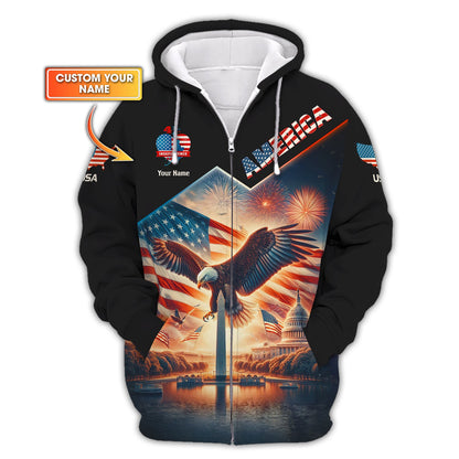 Unisex Shirt, Custom Name American Zipper Hoodie , American Eagle, America Lover T-Shirt