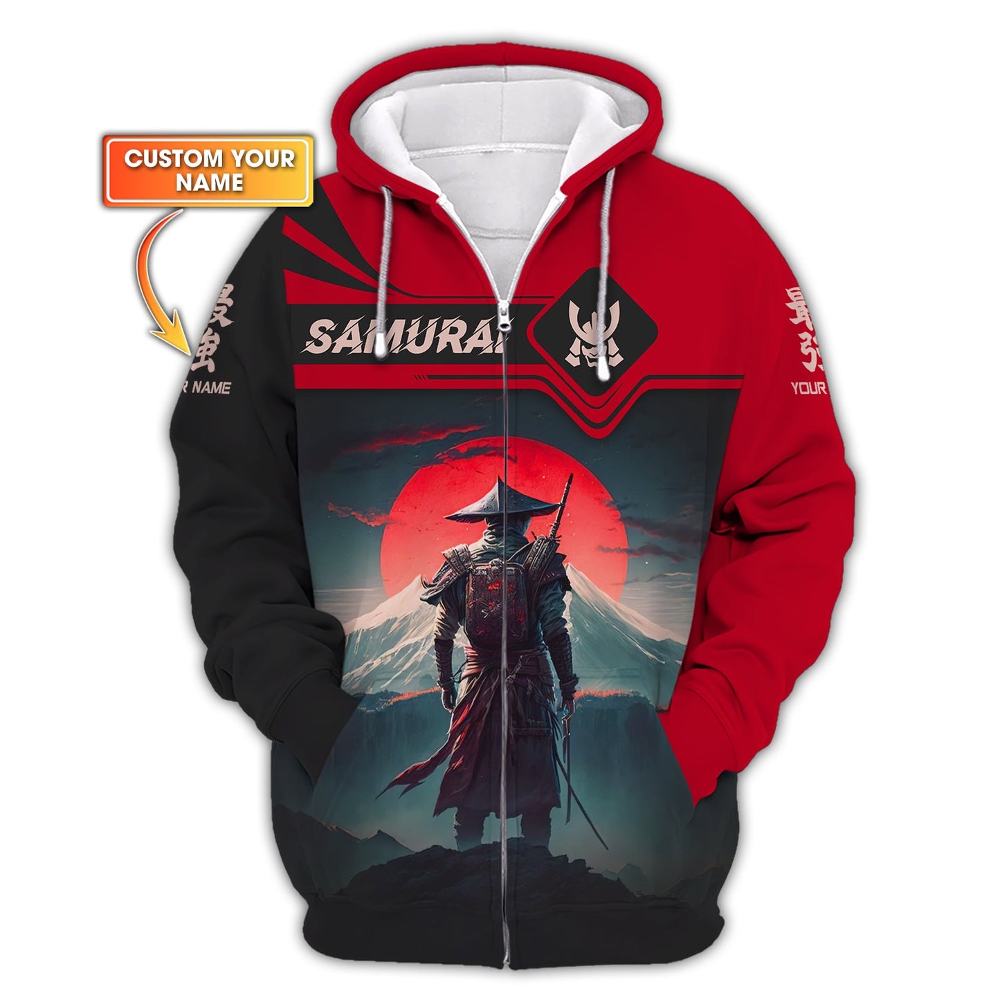 Zipper Hoodie Red Moon Samurai Personalized Name 3D Full Print Shirt