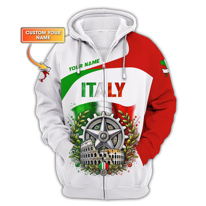 Sudadera con capucha y cremallera 3D con nombre personalizado y escudo de armas de Italia, regalo personalizado para amantes de Italia