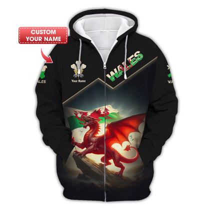 Sudadera con capucha y cremallera con estampado 3D de Dragon Fighting de Gales, regalo personalizado para los amantes de Gales