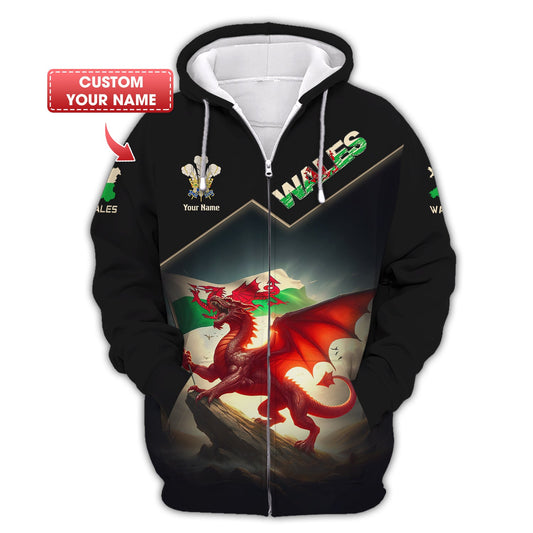 Sweat à capuche avec fermeture éclair et impression 3D complète Dragon Fighting Wales, cadeau personnalisé pour les amoureux du Pays de Galles