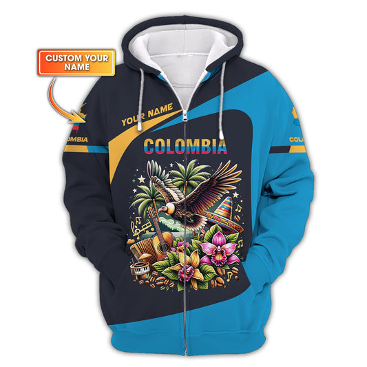 Sudadera con capucha y cremallera 3D con nombre personalizado de Colombia Regalo con nombre personalizado para amantes de Colombia