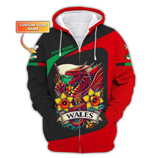 Sudadera con capucha y cremallera con estampado completo y nombre personalizado de Gales, camiseta de dragón de Gales, regalo para amantes de Gales