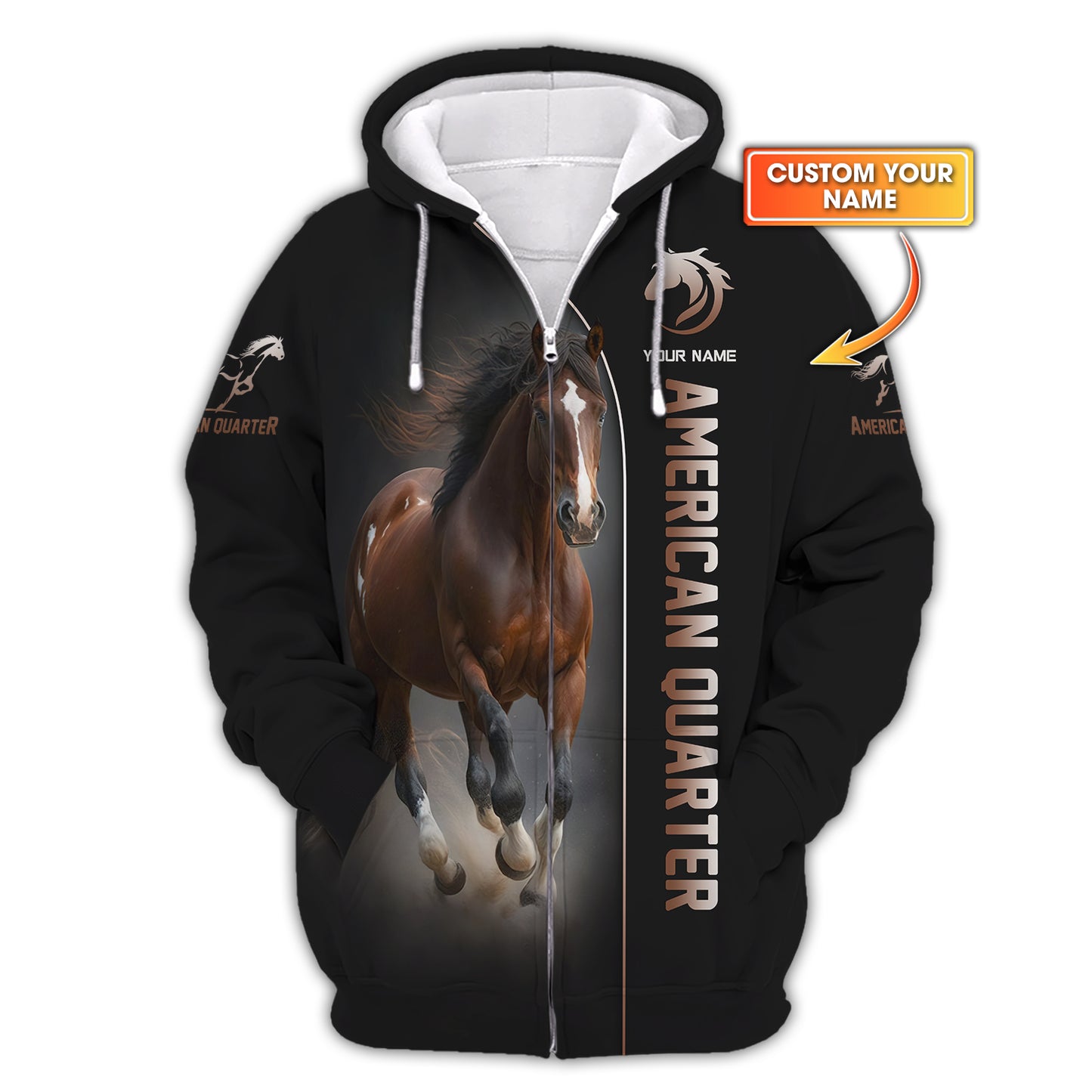 Sweat à capuche zippé American Quarter à impression 3D complète, cadeau personnalisé avec nom pour les amoureux des chevaux