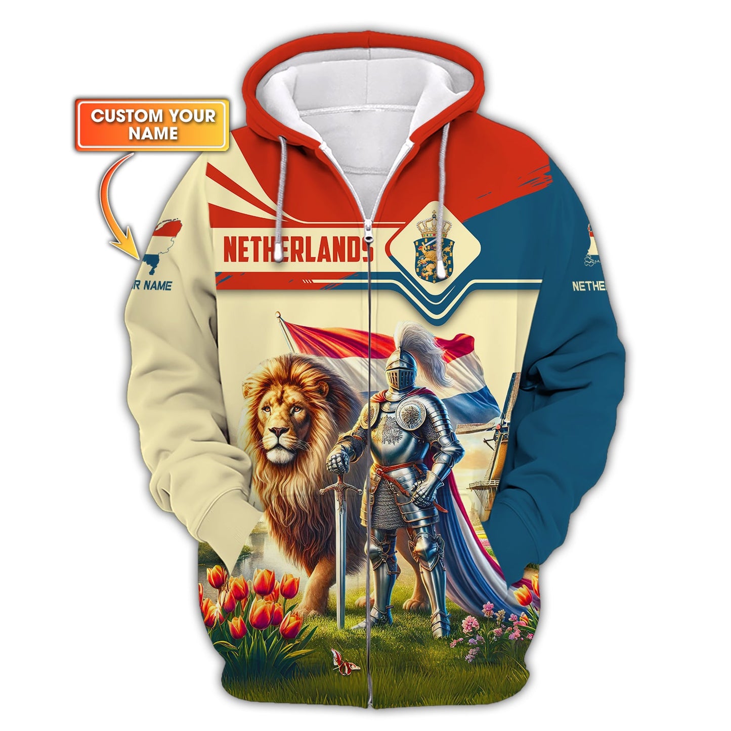 Sudadera con capucha y cremallera 3D con nombre personalizado de caballero holandés con león, regalo personalizado para amantes de los Países Bajos