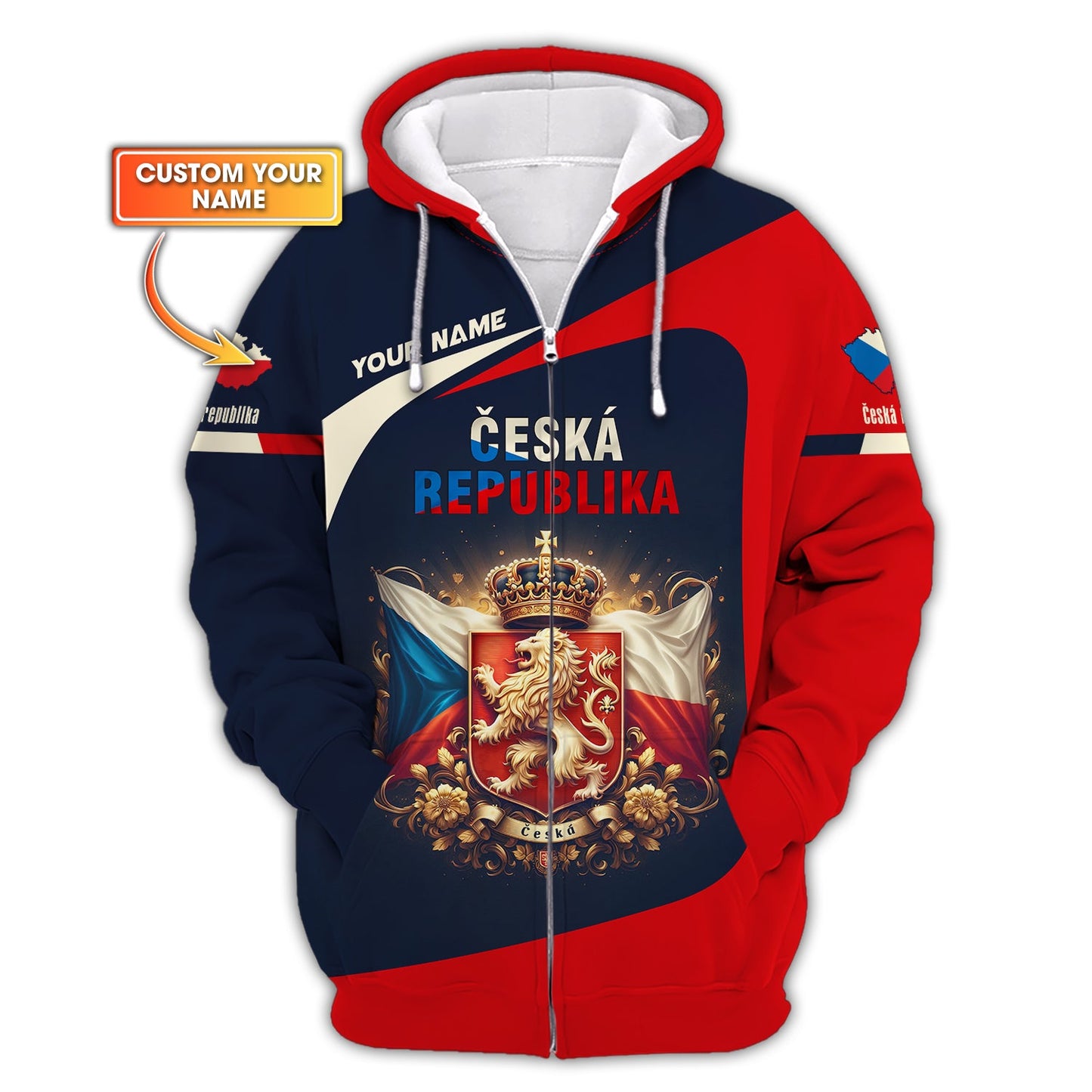 Coat Of Arms Ceska Republika Personalized Name 3D Zipper Hoodie Custom Gift For Czech Republic Lovers