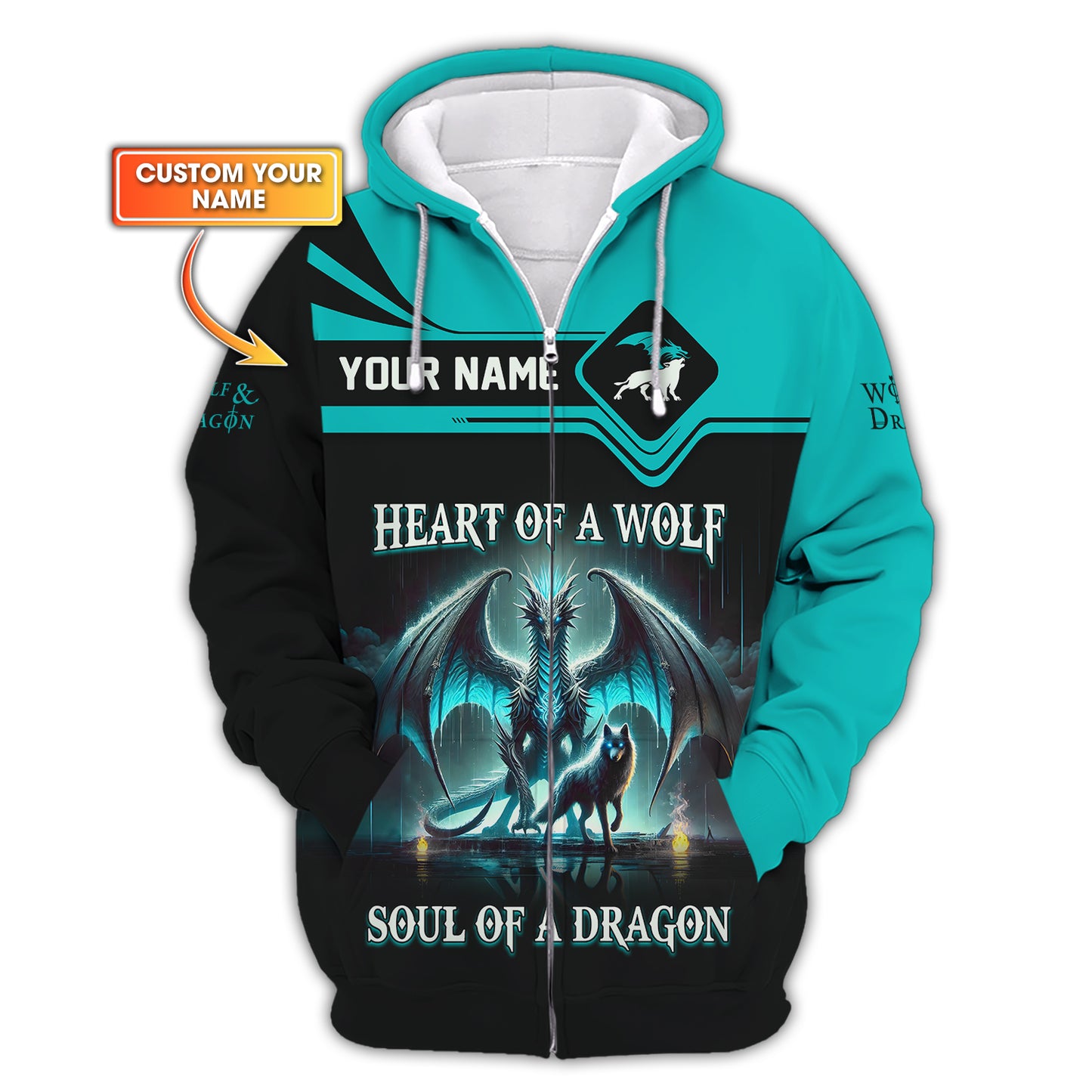 3D Full Print Heart Of A Wolf Soul Of A Dragon Zipper Hoodie Personalized Name Gift For Dragon Lovers