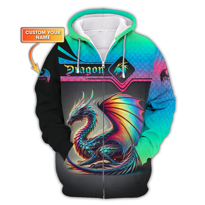 Sudadera con capucha y cremallera de neón con estampado completo en 3D de dragón, regalo personalizado con nombre para amantes de los dragones