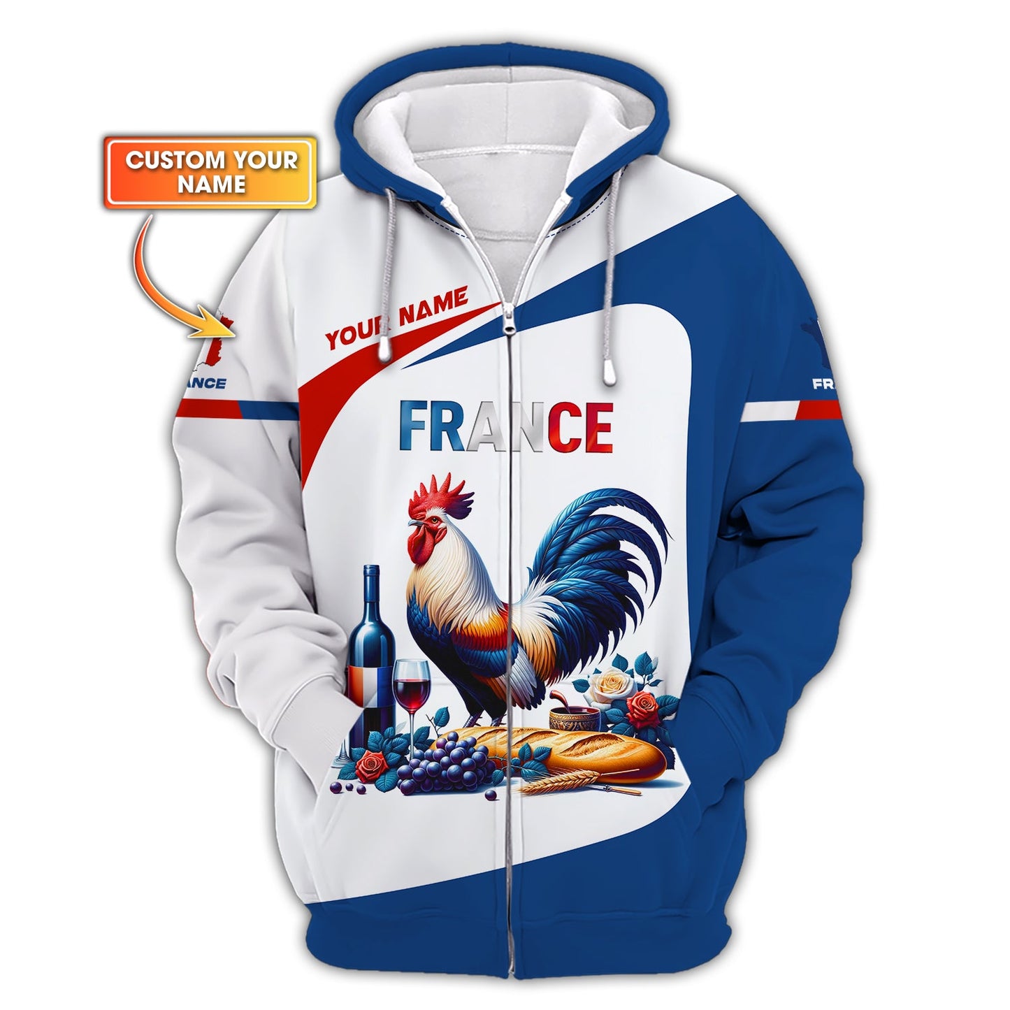 Rooster France Personalized Name 3D Zipper Hoodie Custom Name Gift For France Lovers