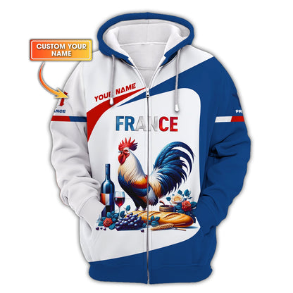 Sweat à capuche zippé 3D avec nom personnalisé Coq France Cadeau personnalisé pour les amoureux de la France