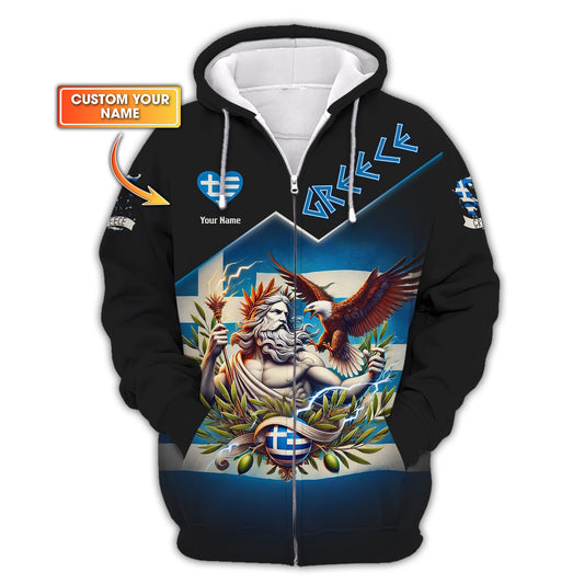 Sudadera con capucha y cremallera con estampado 3D completo de Zeus con águila de Grecia, regalo con nombre personalizado para amantes griegos