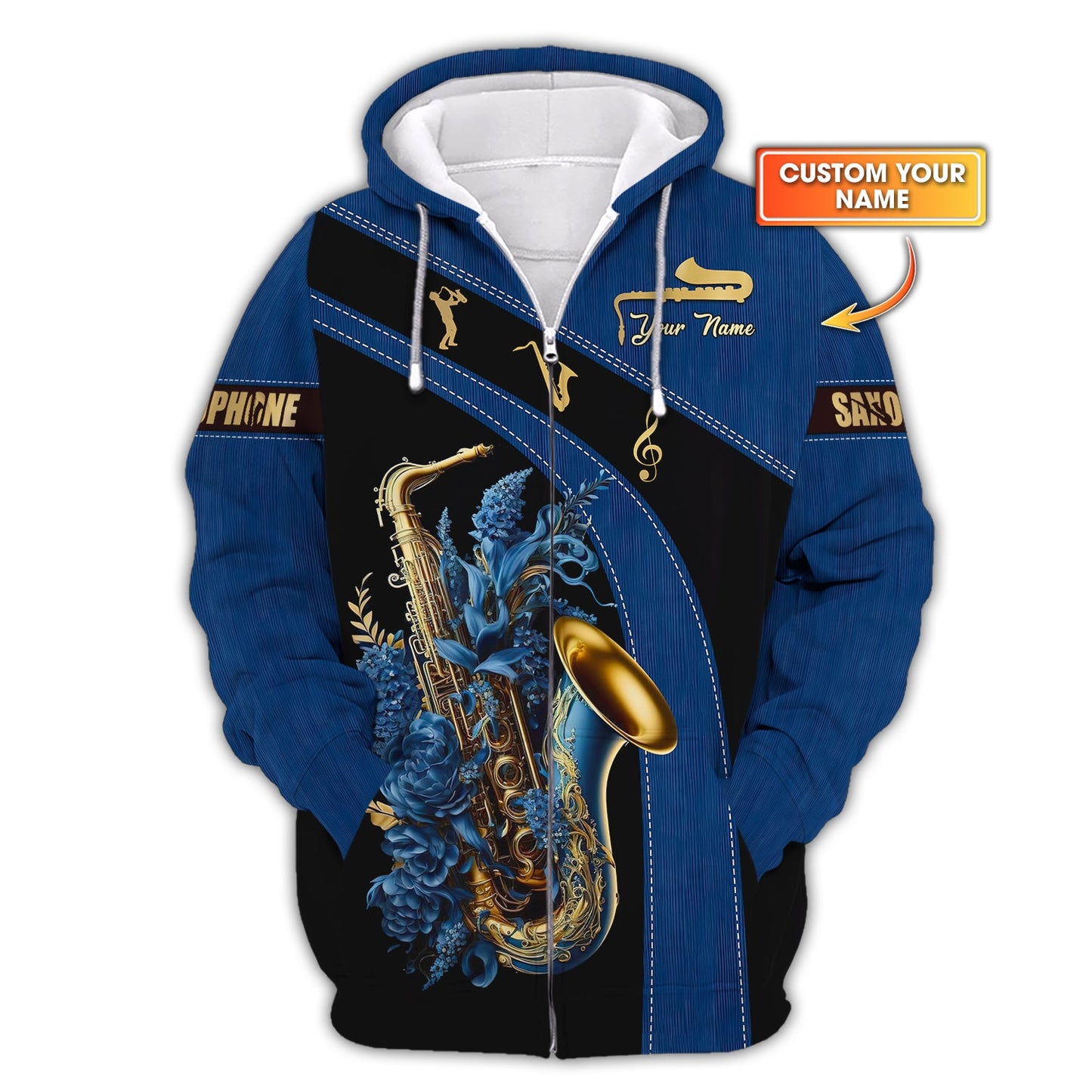 Sudadera con capucha y cremallera 3D con nombre personalizado de saxofón Regalo con nombre personalizado para amantes del saxofón