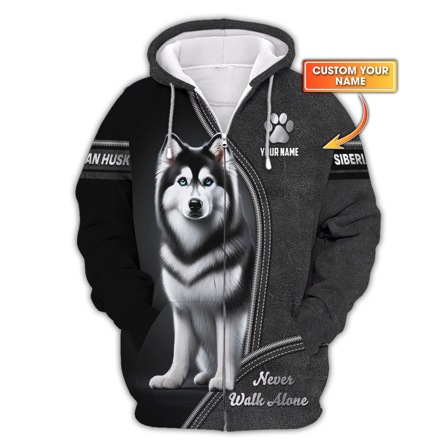 Husky Custom Name Zipper Hoodie Never Walk Alone Gift For Dog Lover 3D Shirts