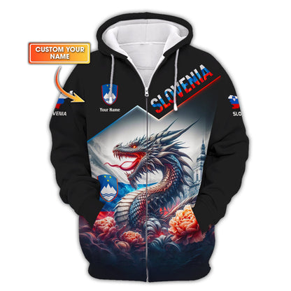 Dragon With Slovenia Flag Custom T-Shirt Personalized Name 3D Zipper Hoodie Gift For Slovenia Lovers