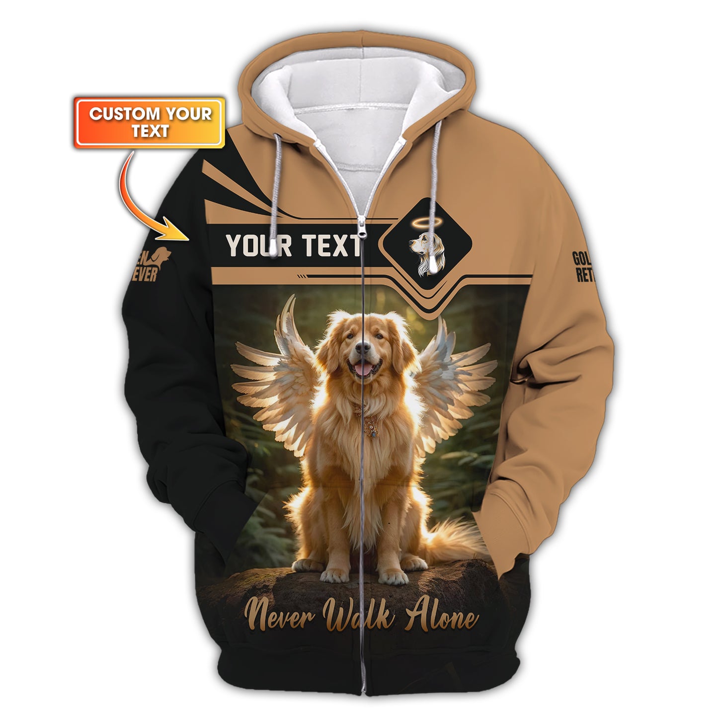 Sudadera con capucha y cremallera 3D con nombre personalizado de Golden Retriever, regalo Never Walk Alone para amantes de los perros