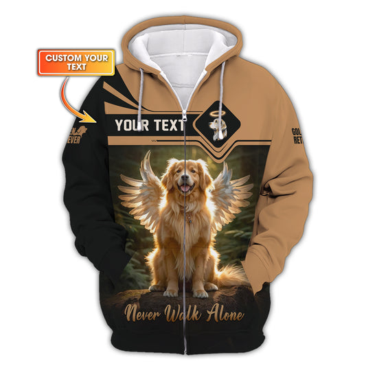 Sweat à capuche zippé 3D avec nom personnalisé Golden Retriever Ne marchez jamais seul Cadeau pour les amoureux des chiens