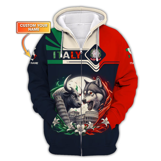 Sudadera con capucha y cremallera de Italia con estampado completo en 3D, regalo con nombre personalizado para amantes de Italia