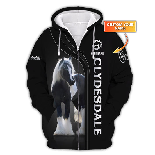 Sweat à capuche zippé Clydesdale à impression 3D complète, cadeau personnalisé avec nom pour les amoureux des chevaux