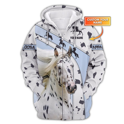 Sudadera con capucha y cremallera Appaloosa con estampado completo en 3D, regalo personalizado con nombre para amantes de los caballos