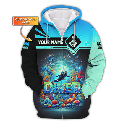 Scuba Diving Explore The Ocean Custom Name 3D Zipper Hoodie Personalized Gift For Diver Lovers