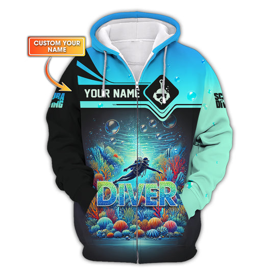 Sudadera con capucha y cremallera 3D con nombre personalizado para amantes del buceo y la exploración del océano