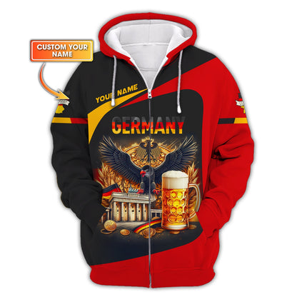 Aigle avec bière Allemagne Nom personnalisé Sweat à capuche zippé Cadeau personnalisé pour les amoureux de l'Allemagne