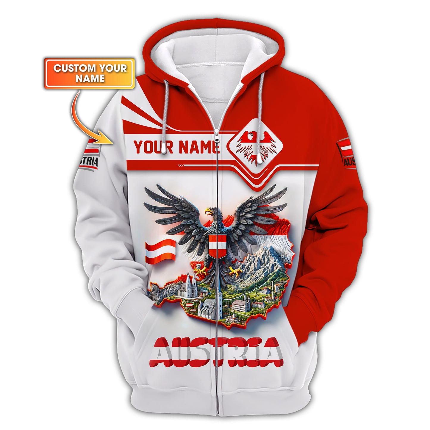 Sudadera con capucha y cremallera con estampado 3D de águila y mapa de Austria, regalo personalizado con nombre para amantes de Austria