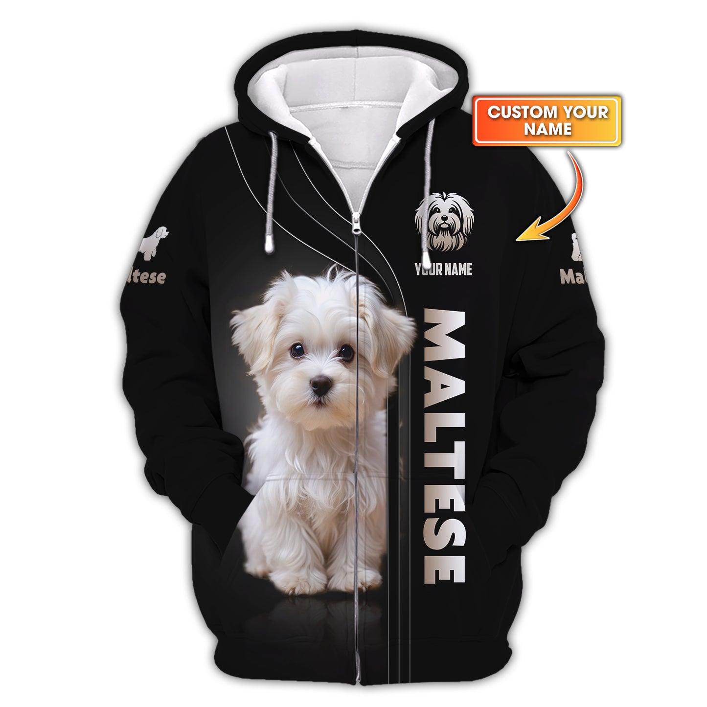 3D Full Print Maltese Zipper Hoodie Personalized Name Gift For Dog Lovers