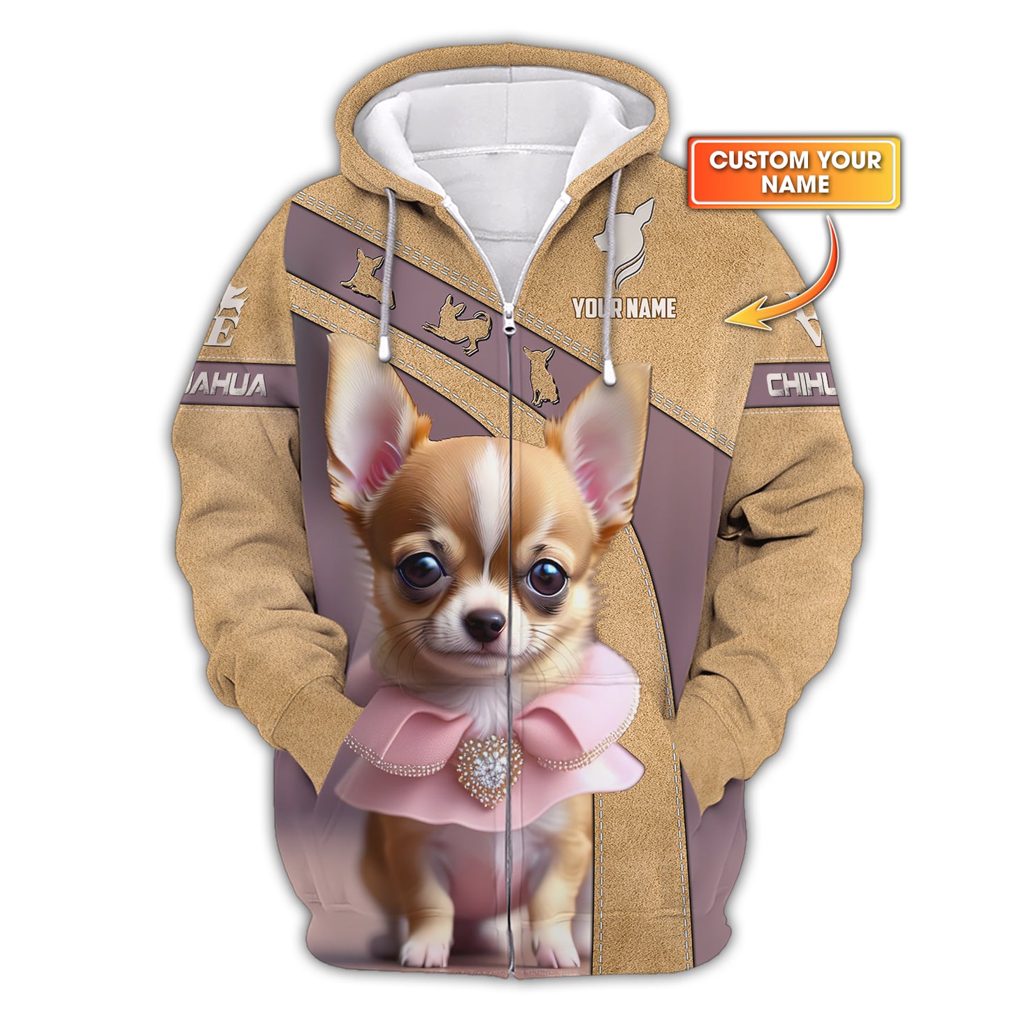 Lovely Chihuahua Custom Name Zipper Hoodie Gift For Dog Lover 3D Shirts