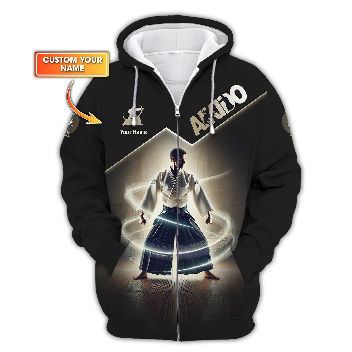Custom Aikido Zipper Hoodie Mastery of Harmony and Energy Personalized Name Gift For Aikido Lovers