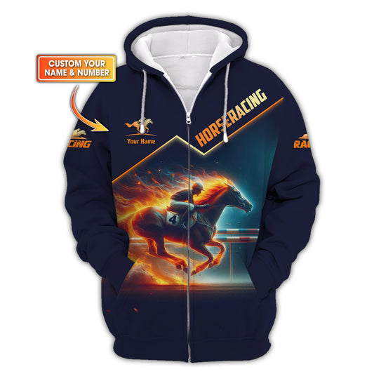 3D Full Print Flaming Horse Racing Zipper Hoodie Personalized Name Gift For Horse Racing Lovers