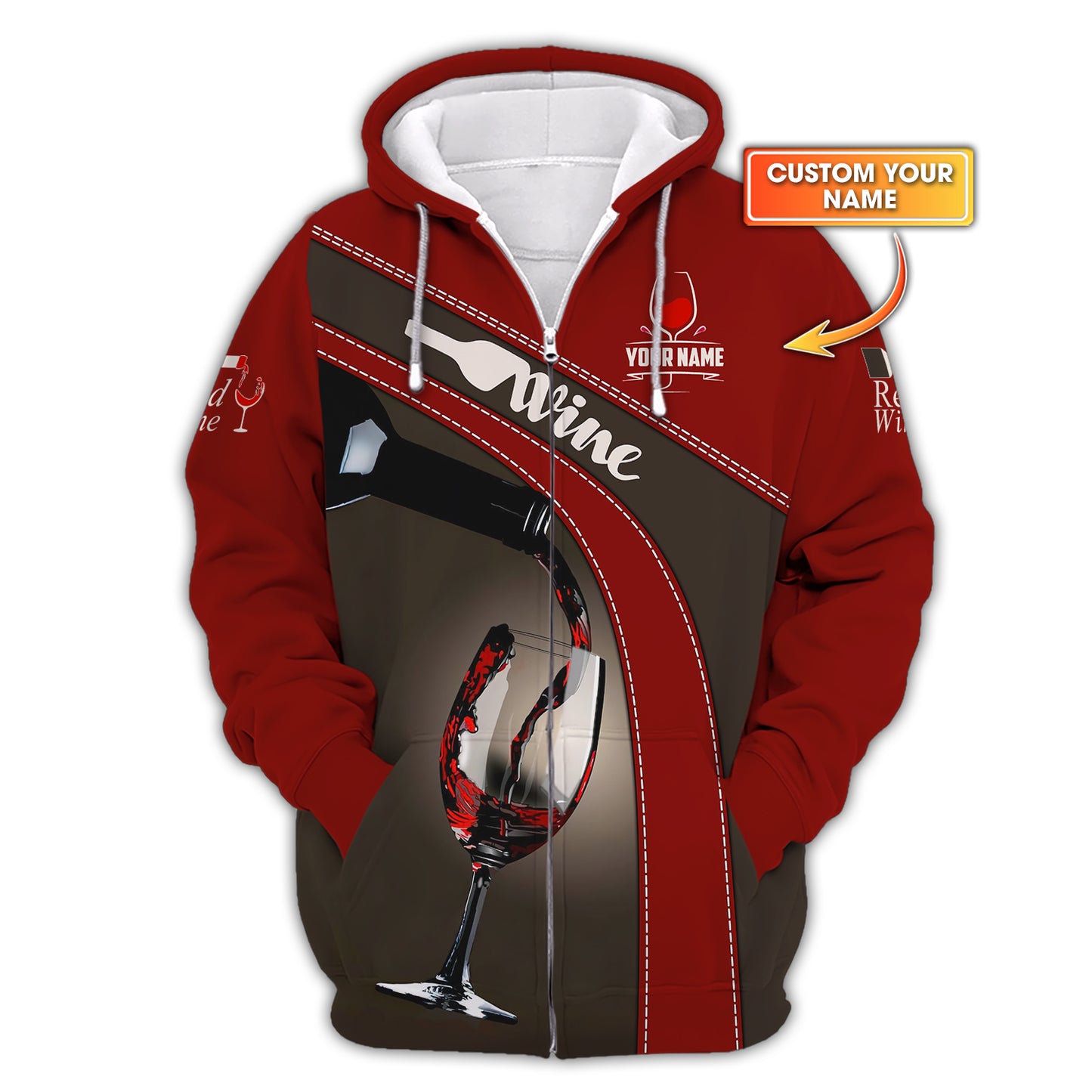 3D Full Print Red Wine Zipper Hoodie Personalized Name Gift For Wine Lovers