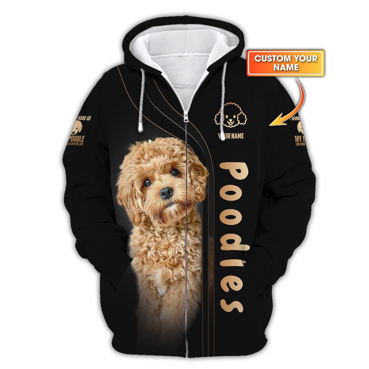 Sudadera con capucha y cremallera con estampado 3D completo de lindo caniche bebé, regalo con nombre personalizado para amantes de los perros