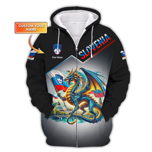 Sudadera con capucha y cremallera con estampado 3D de dragón de Eslovenia, regalo personalizado con nombre para amantes de Eslovenia