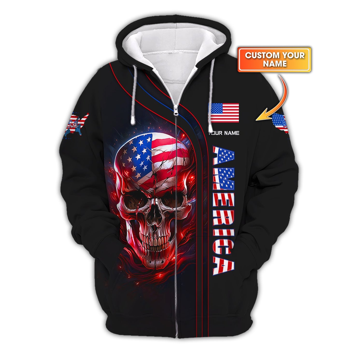 American Skull Custom Zipper Hoodie American Skull 3D Shirt Gift For America Lover