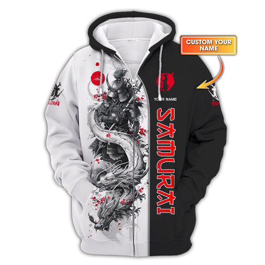 Samurai Custom Name Zipper Hoodie White Dragon With Samurai 3D Shirts