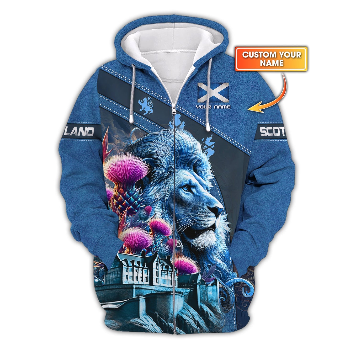 Sudadera con capucha y cremallera 3D con nombre personalizado de El león con cardo de Escocia, regalo personalizado para amantes de los escoceses