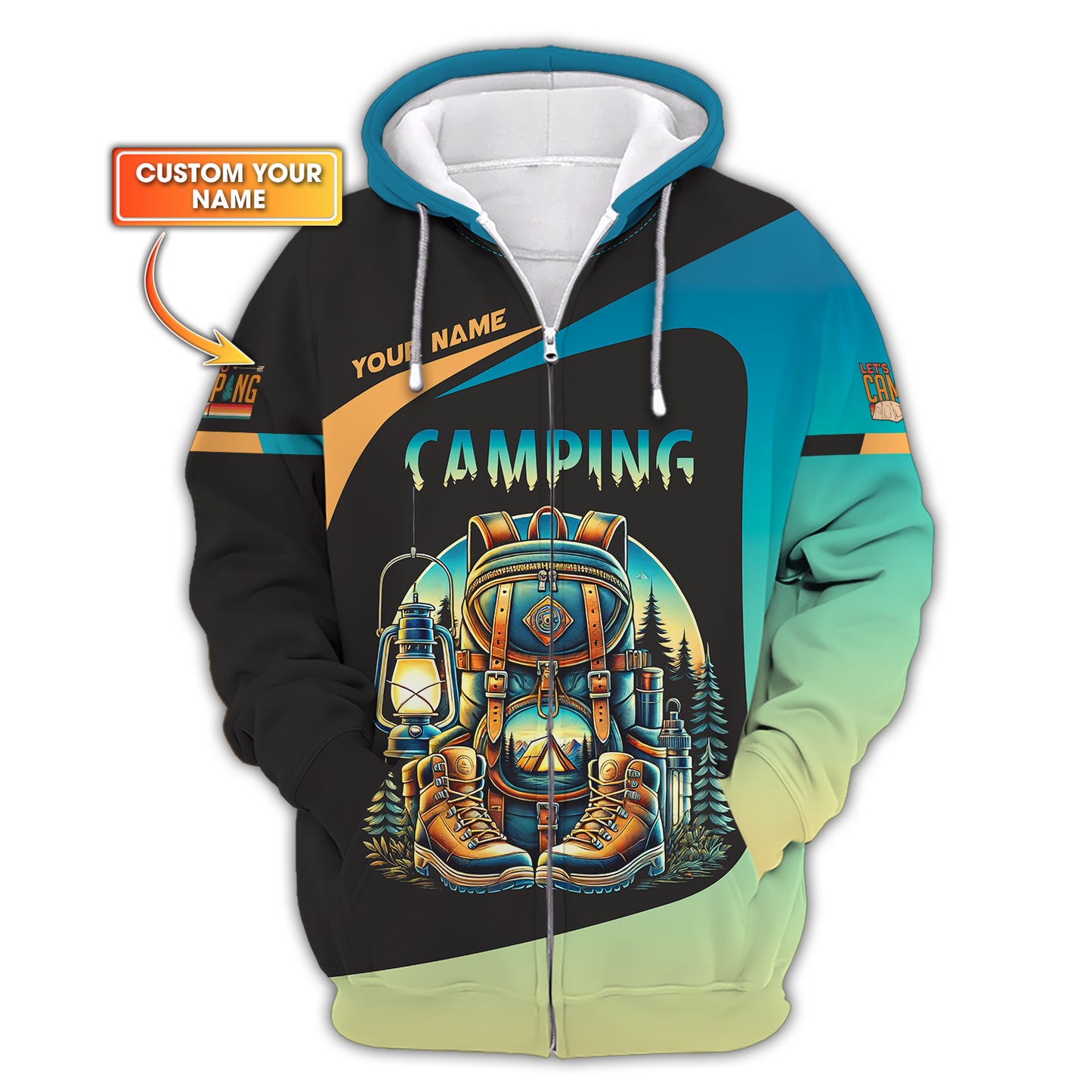 Sudadera con capucha y cremallera 3D con nombre personalizado para acampar, equipo de acampada, regalo personalizado para amantes de las autocaravanas