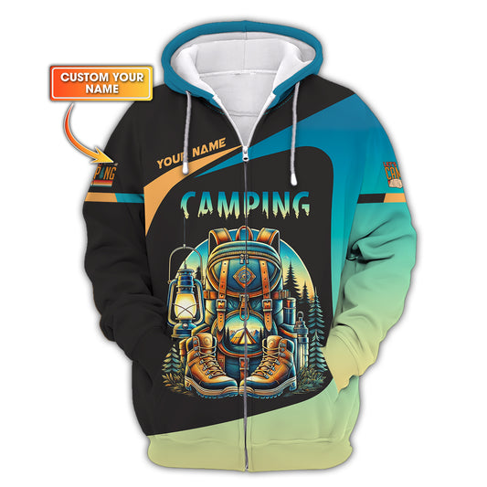 Sweat à capuche zippé 3D avec nom personnalisé pour camping, équipement de camping, cadeau personnalisé pour les amateurs de camping