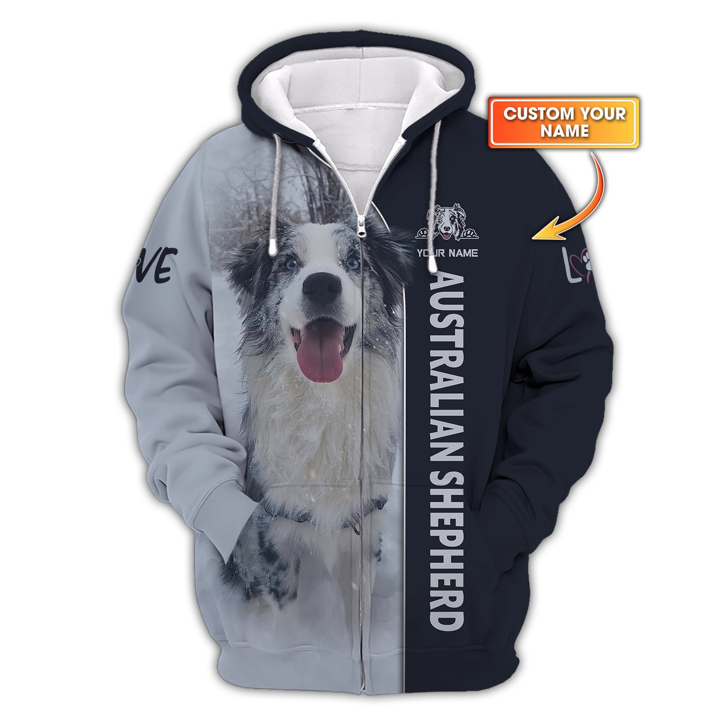 Sweat à capuche zippé 3D avec nom personnalisé de berger australien, cadeau pour les amoureux des chiens