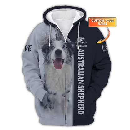 Sweat à capuche zippé 3D avec nom personnalisé de berger australien, cadeau pour les amoureux des chiens