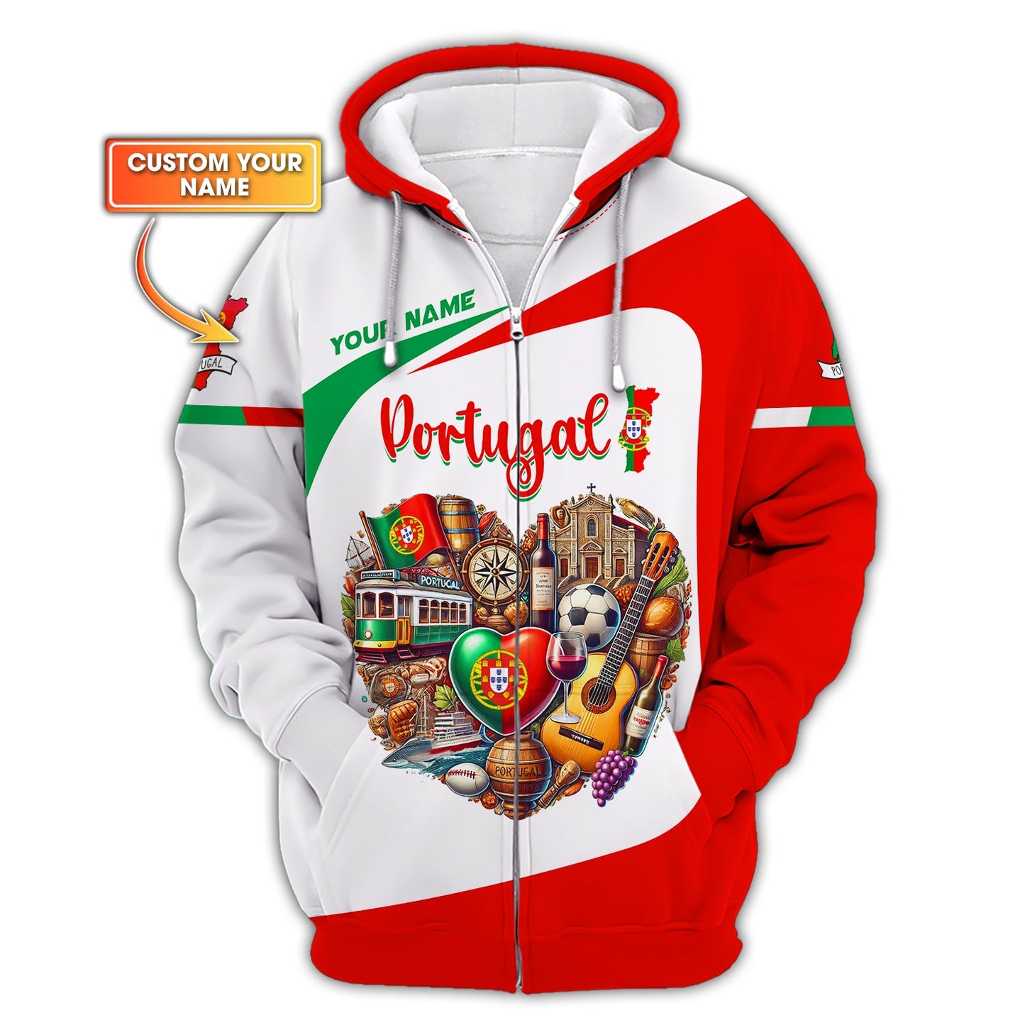 Sudadera con capucha y cremallera 3D con nombre personalizado y corazón de Portugal, regalo personalizado para amantes de Portugal